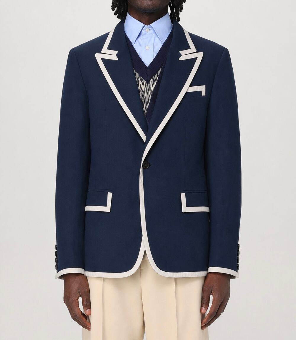 VALENTINO Men’s Blazer Contrast Trim Cotton Jacket Preppy Sport Coat Navy Blue